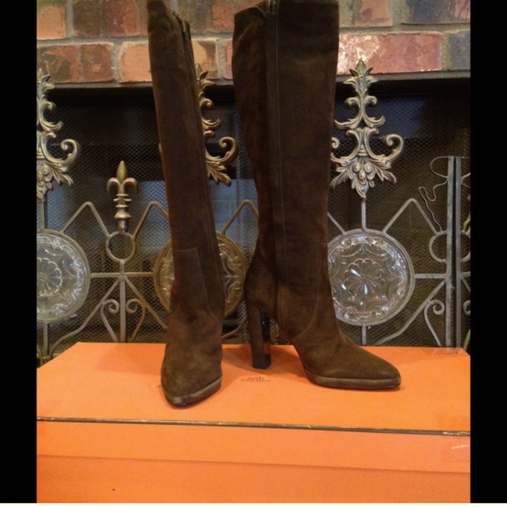 Hermes Knee High Brown Suede Boots